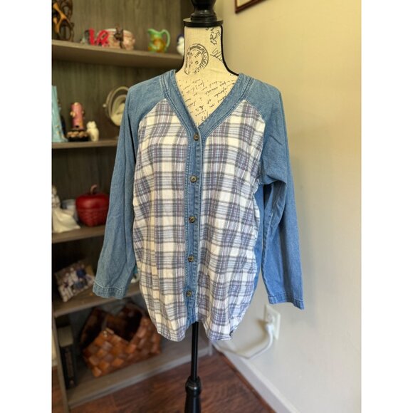 Lajate Denim & Plaid Flannel Button Down Shirt Shacket Womens Large 80s Vintage - Picture 7 of 9